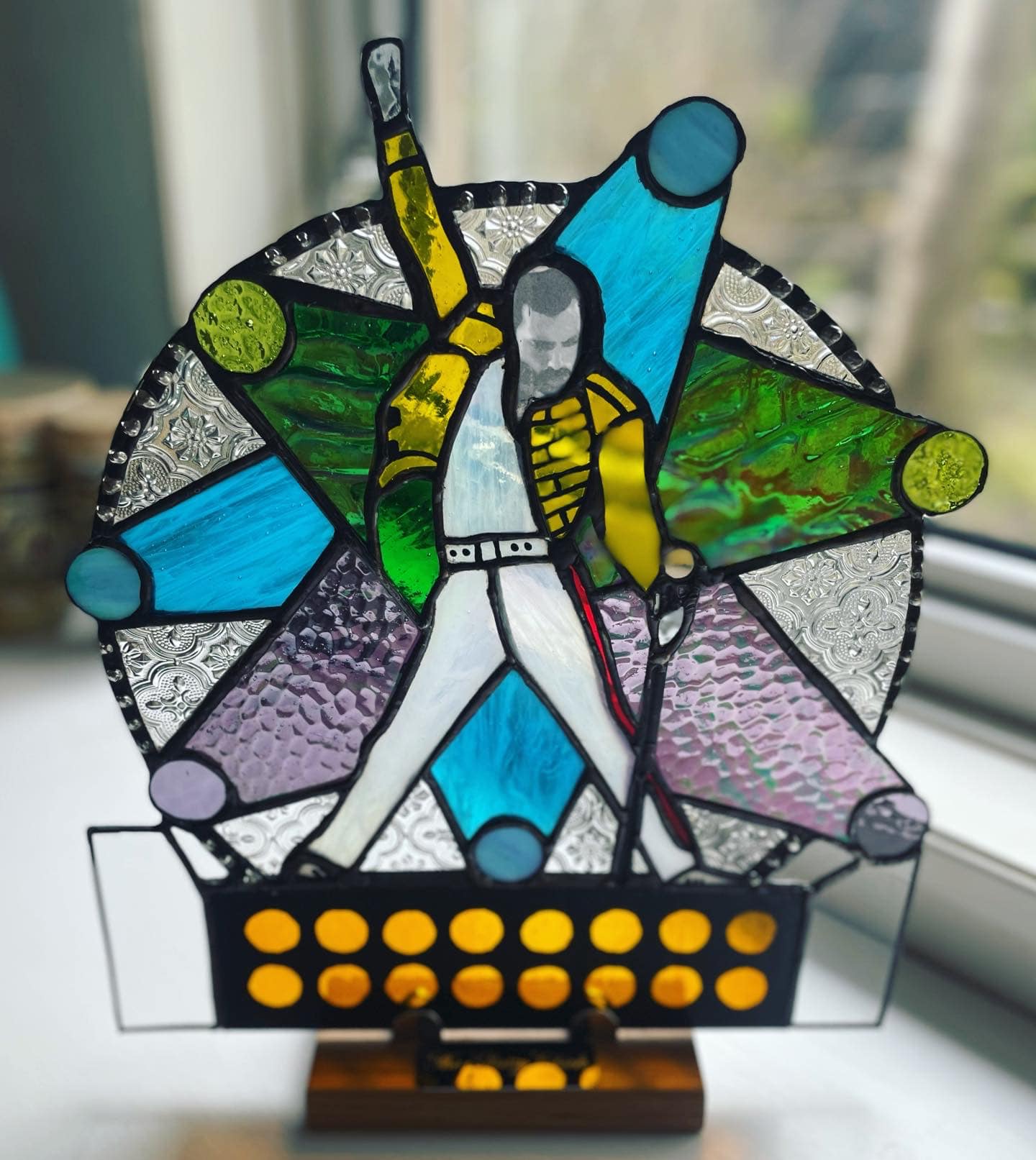 Freddy Mercury Stained Glass Suncatcher with LED Strip light and stand