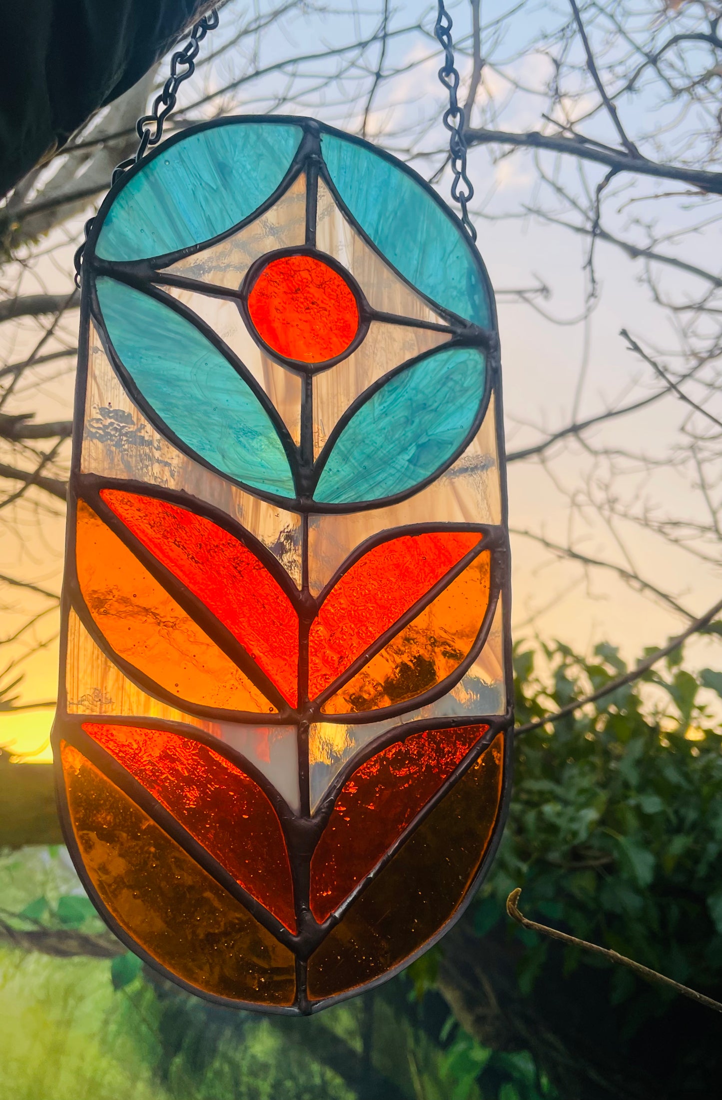 Retro 70's Flower Orange / Blue Pill Design Stained Glass Suncatcher