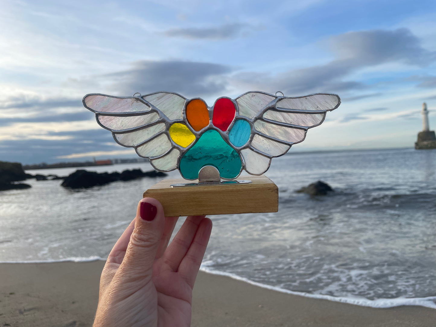 Stained Glass Pet Memorial Paw with Wings, Stand & Plaque