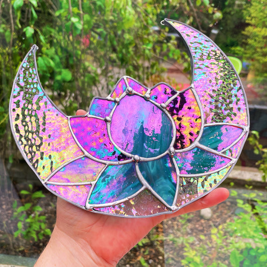 Lotus Flower & Moon Stained Glass Suncatcher