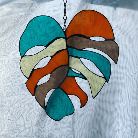 Retro Swiss Cheese Plant / Monstera Leaf Stained Glass Suncatcher