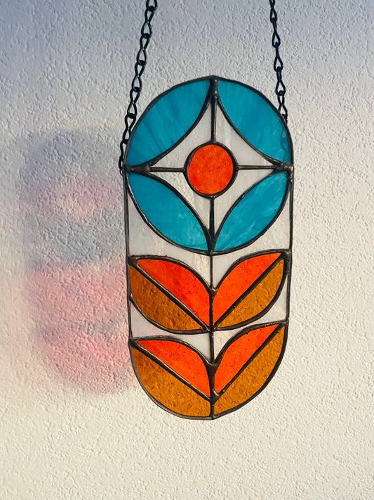 Retro 70's Flower Orange / Blue Pill Design Stained Glass Suncatcher
