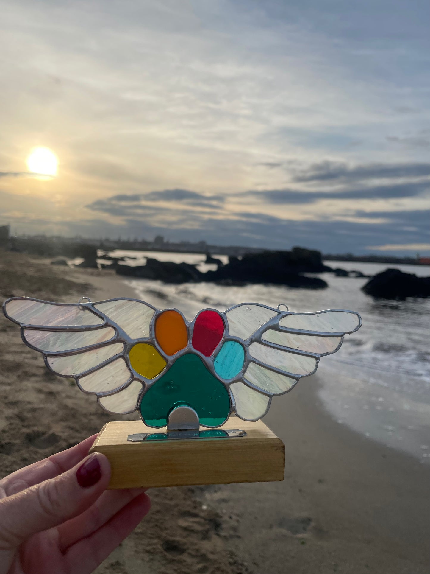 Stained Glass Pet Memorial Paw with Wings, Stand & Plaque