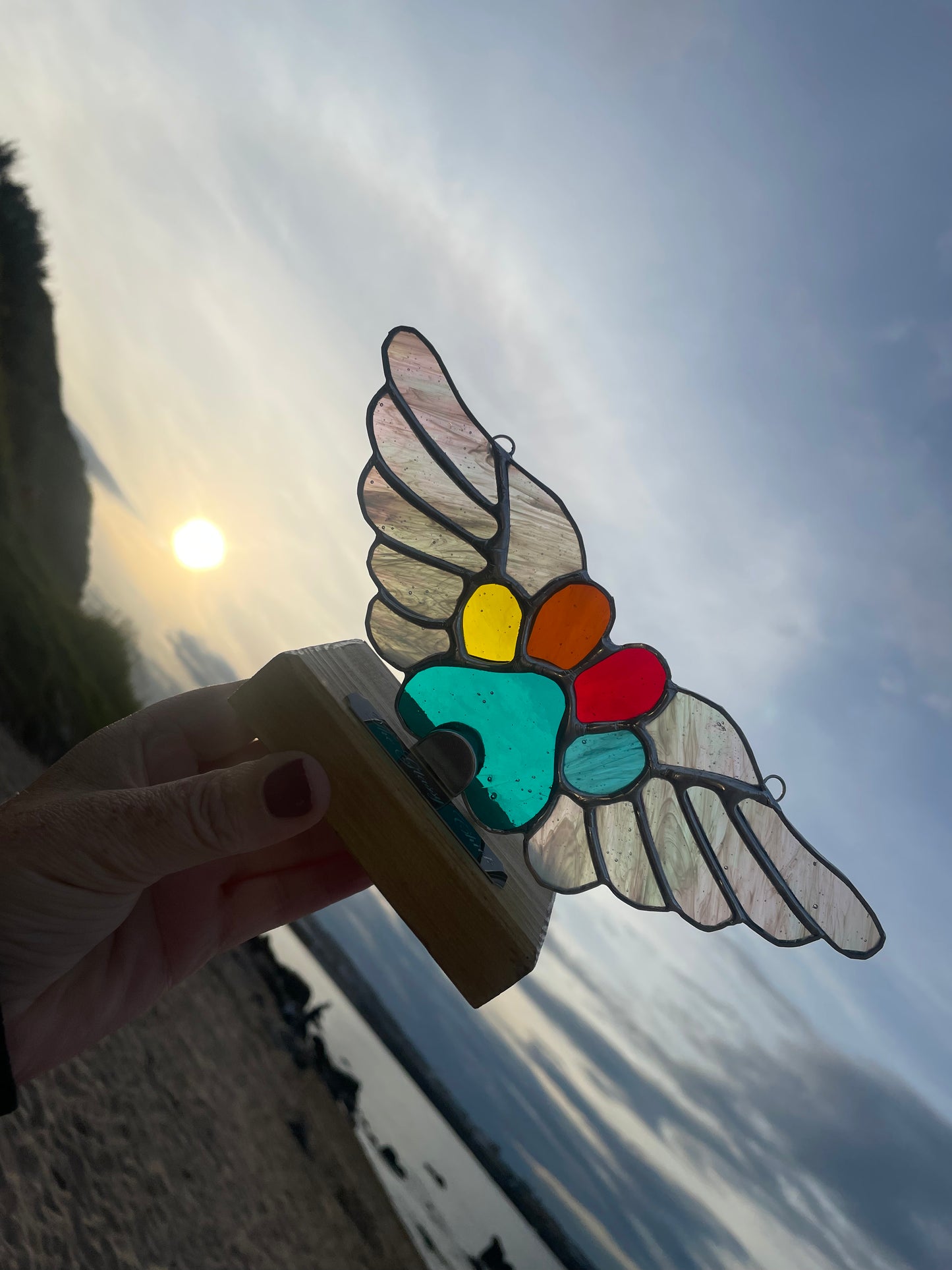 Stained Glass Pet Memorial Paw with Wings, Stand & Plaque