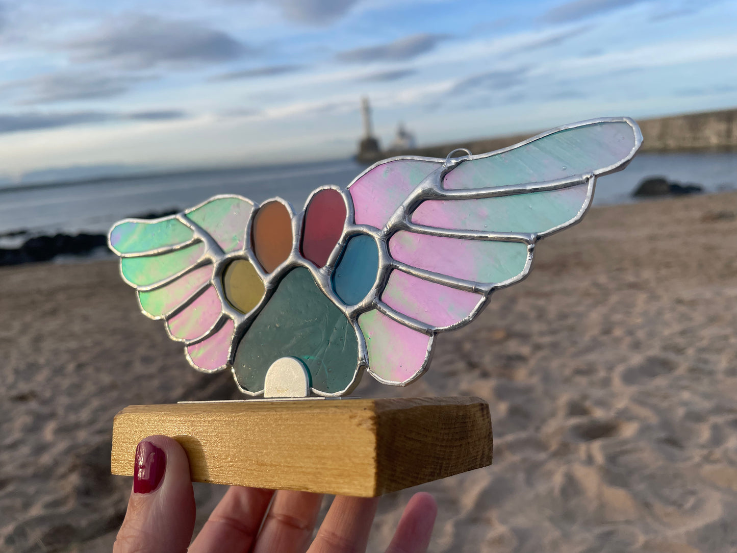 Stained Glass Pet Memorial Paw with Wings, Stand & Plaque