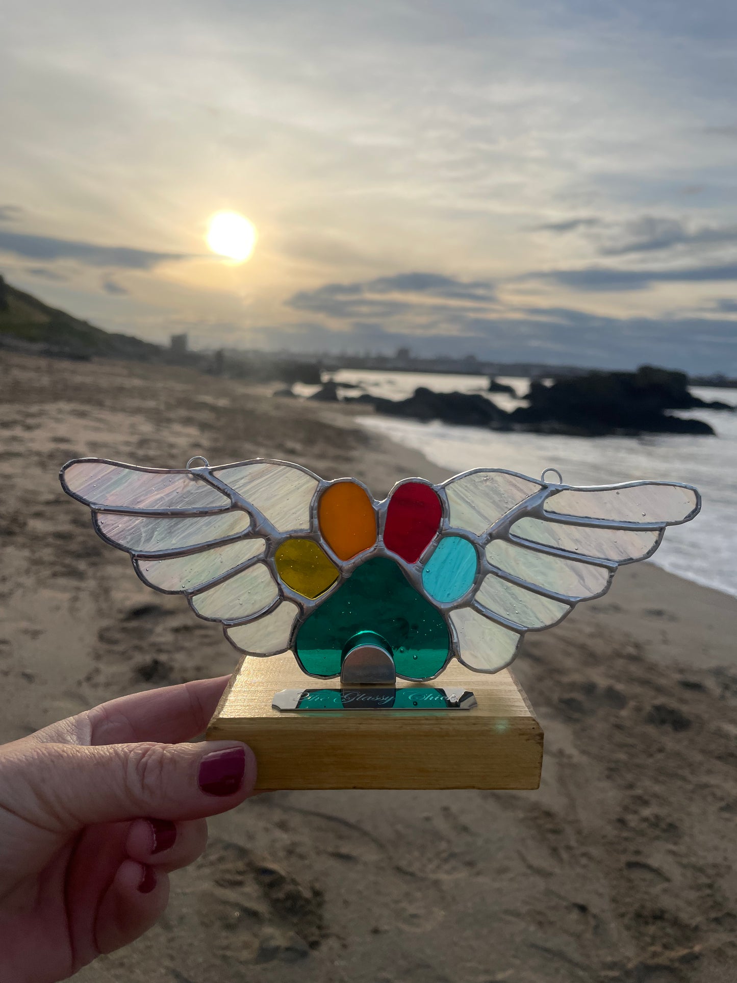 Stained Glass Pet Memorial Paw with Wings, Stand & Plaque