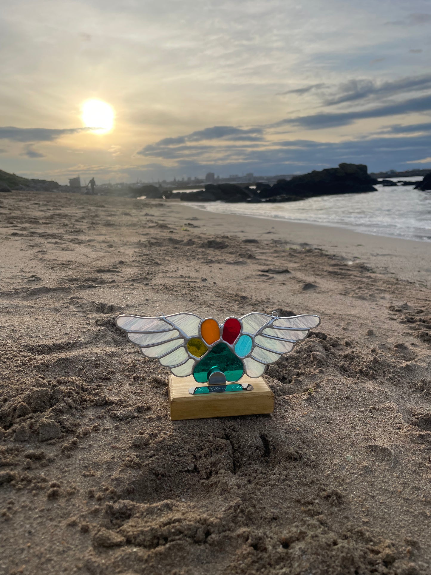 Stained Glass Pet Memorial Paw with Wings, Stand & Plaque