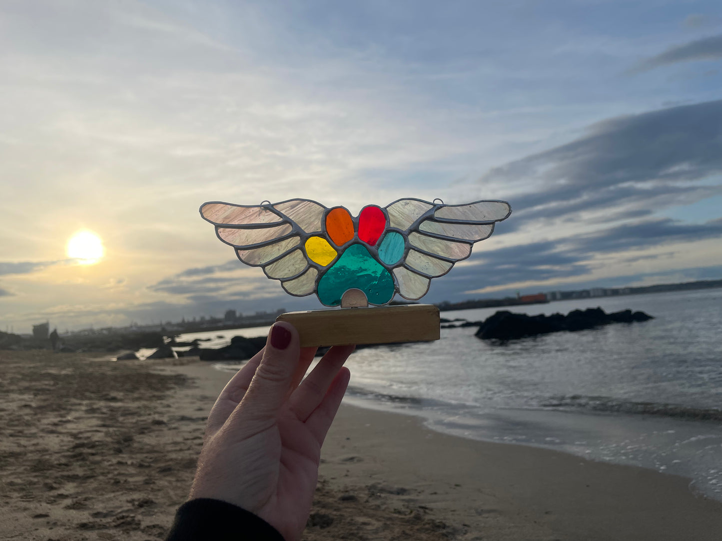 Stained Glass Pet Memorial Paw with Wings, Stand & Plaque