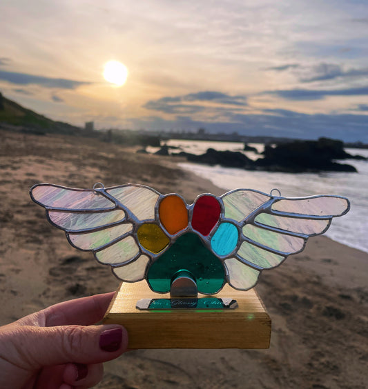 Stained Glass Pet Memorial Paw with Wings, Stand & Plaque