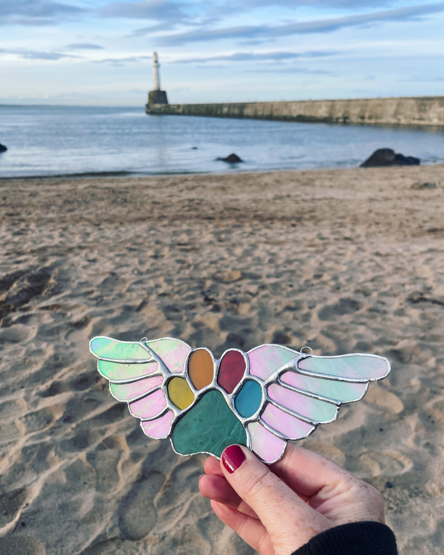 Stained Glass Pet Memorial Paw with Wings, Stand & Plaque