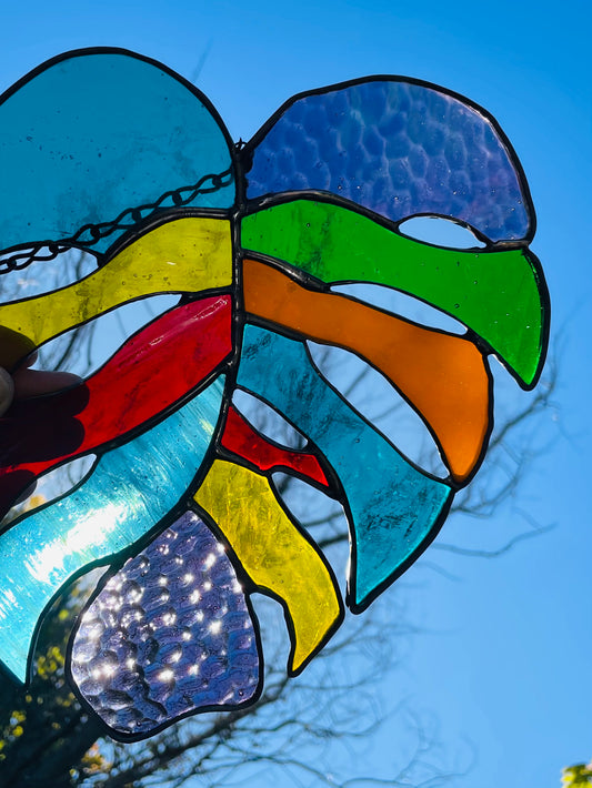 Rainbow Monstera / Cheese Plant Leaf Stained Glass Suncatcher