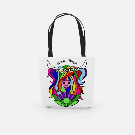 Happy Hippie Rainbow Highland Cow Tote Bag