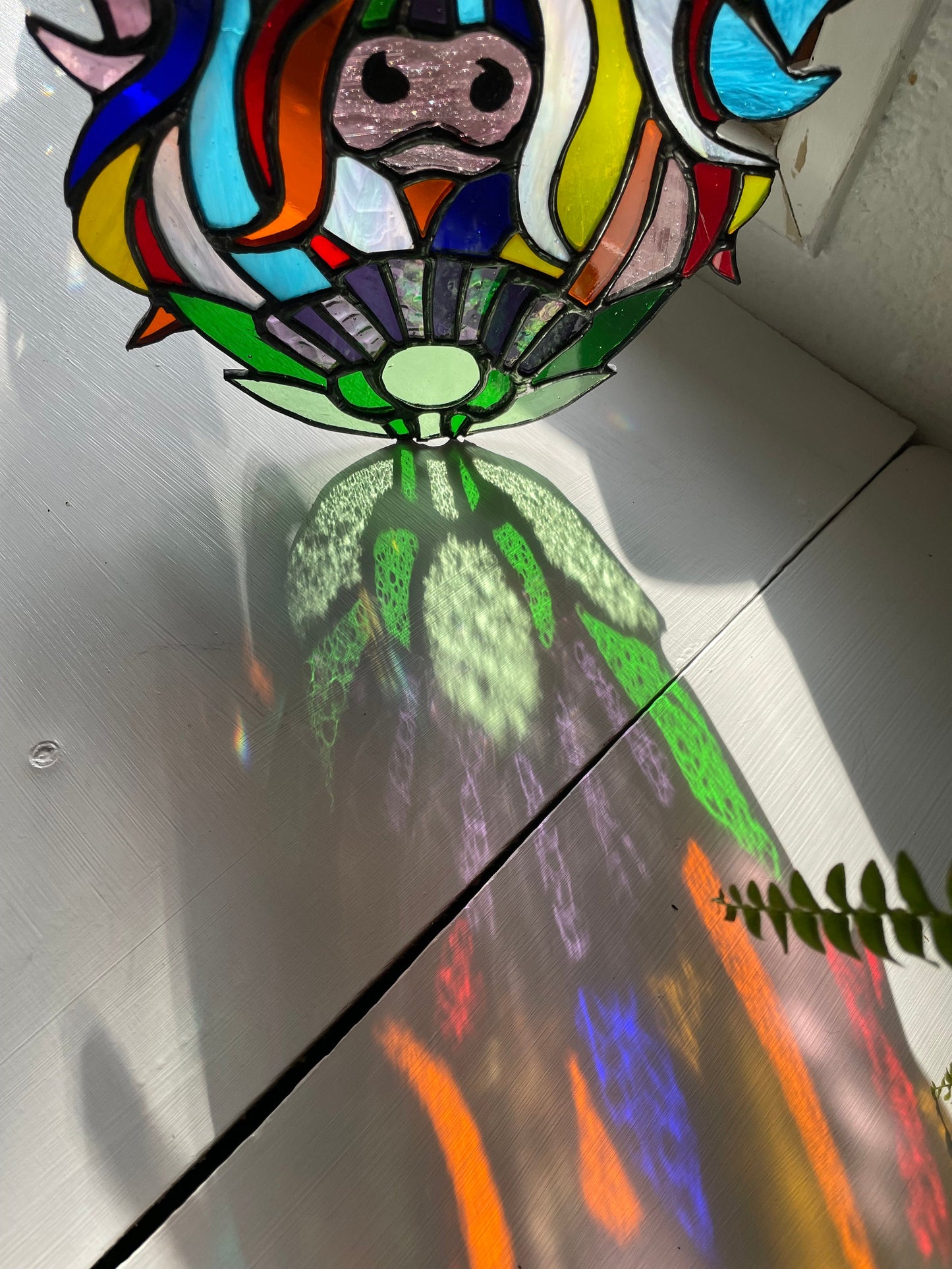 Daisy the Hippie Scottish Highland Cow Rainbow Stained Glass Suncatcher