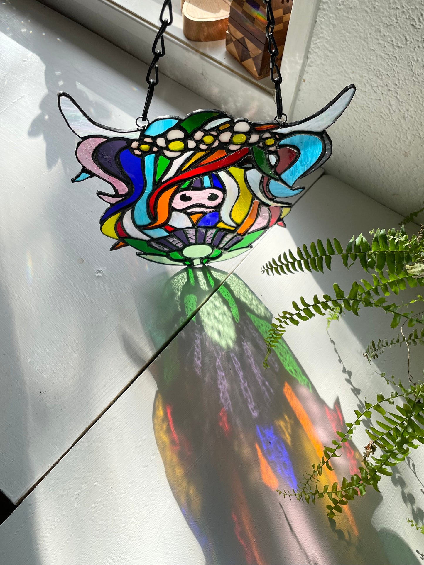 Daisy the Hippie Scottish Highland Cow Rainbow Stained Glass Suncatcher