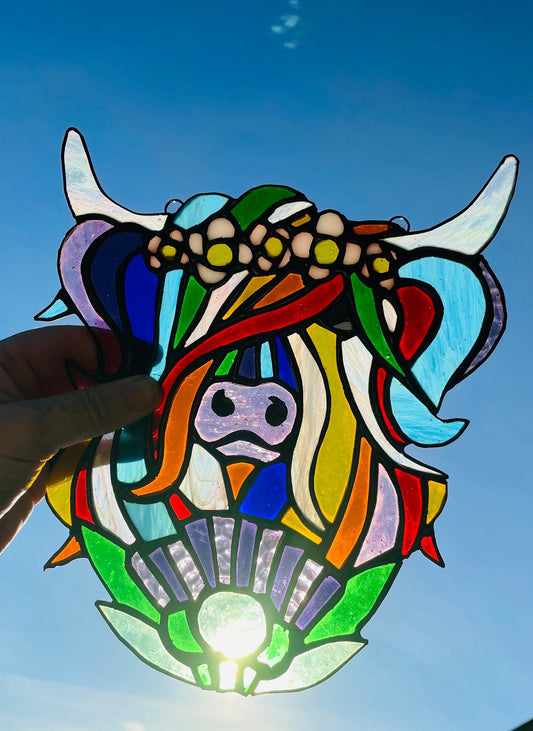 Daisy the Hippie Scottish Highland Cow Rainbow Stained Glass Suncatcher