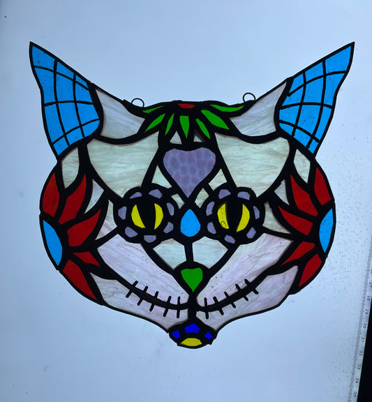 Sugar Skull Kitty Cat Stained Glass Suncatcher Gift