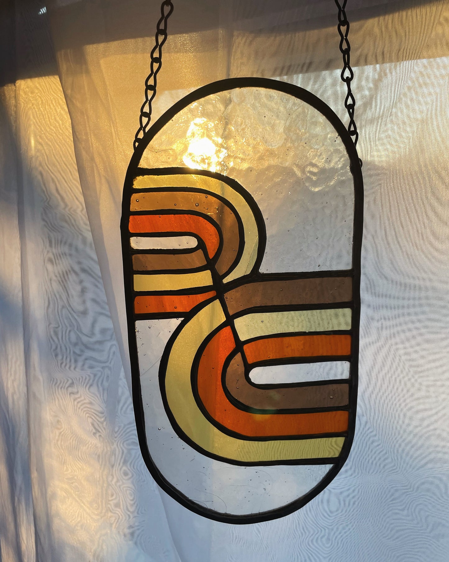 Retro 70's Curve Design Stained Glass Vintage Art Deco Suncatcher Window hanging