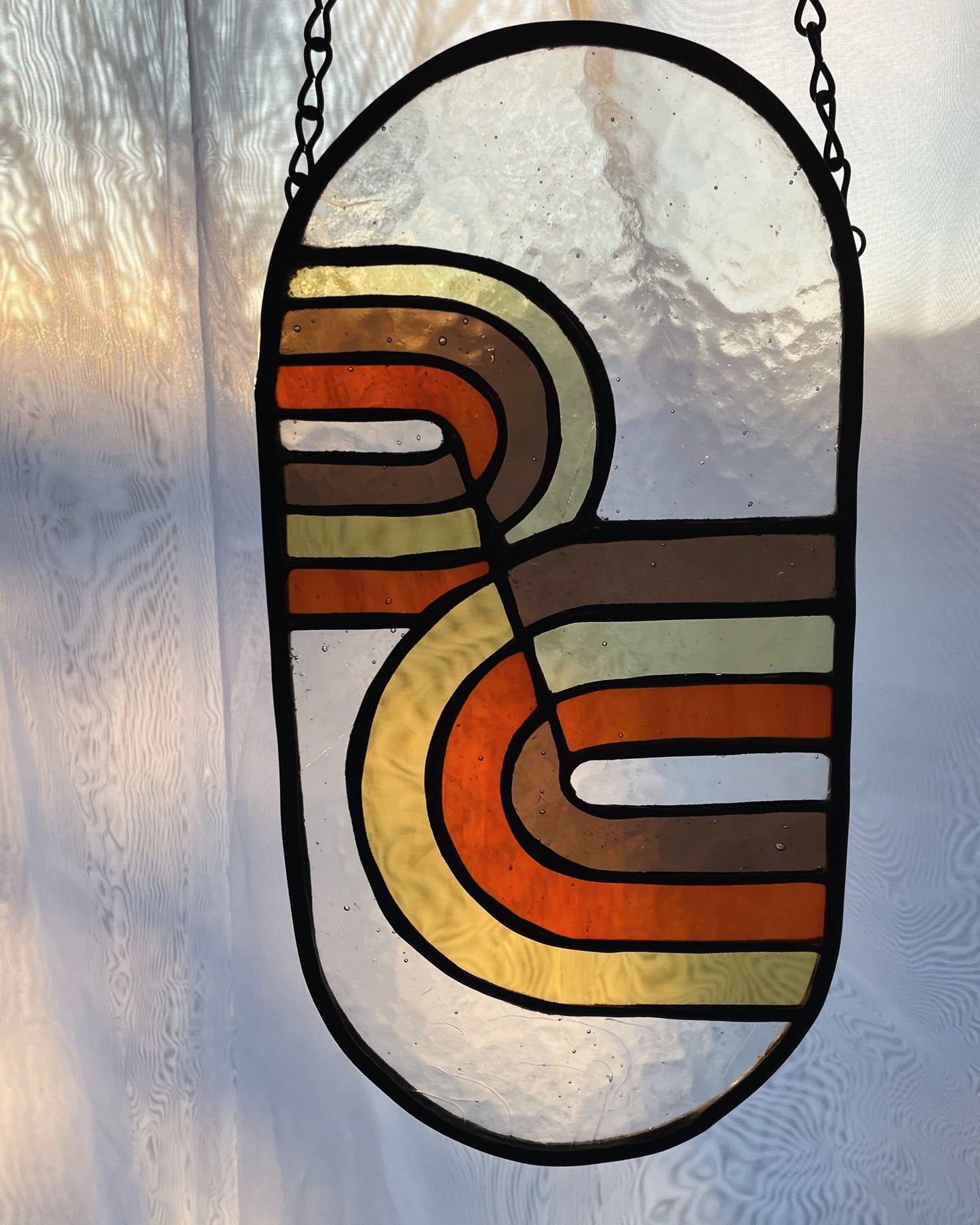 Retro 70's Curve Design Stained Glass Vintage Art Deco Suncatcher Window hanging