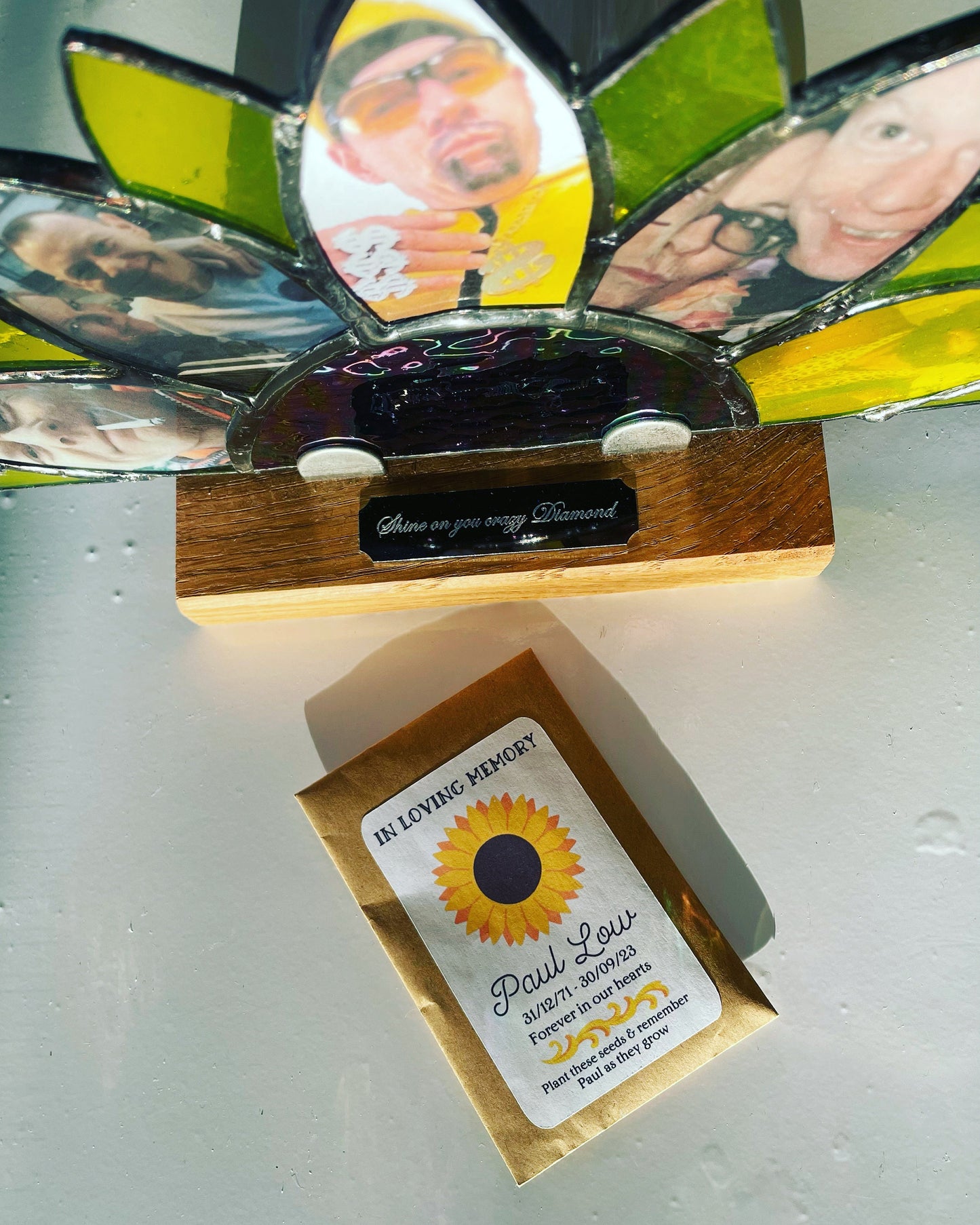 Memorial Gift with plaque and stand Stained Glass Photo frame Sunflower Suncatcher